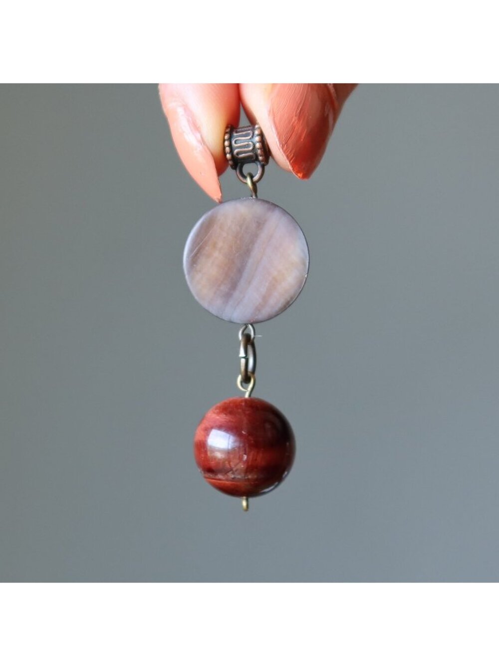 Tigers Eye Pendant Show of Courage Red Bead White Shell Gemstone Charm
